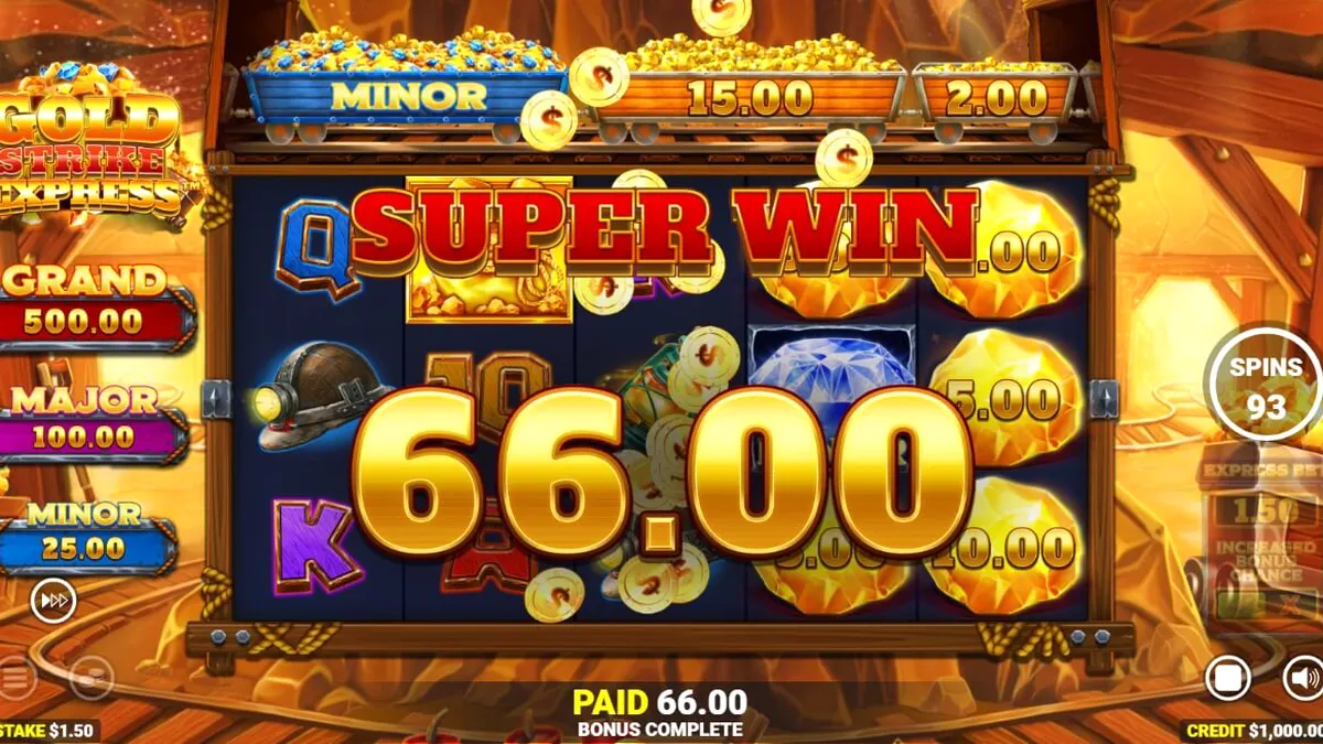 Tampilan visual mesin slot Gold Strike Express dengan rel kereta api di atas gulungan.