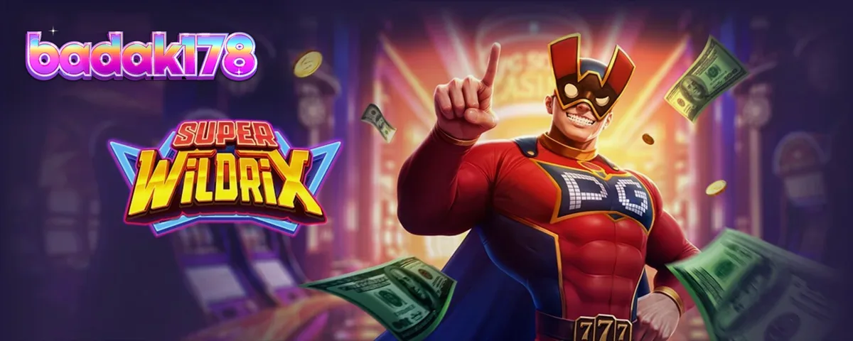 Tampilan visual slot Super Wildrix dengan tema superhero neon